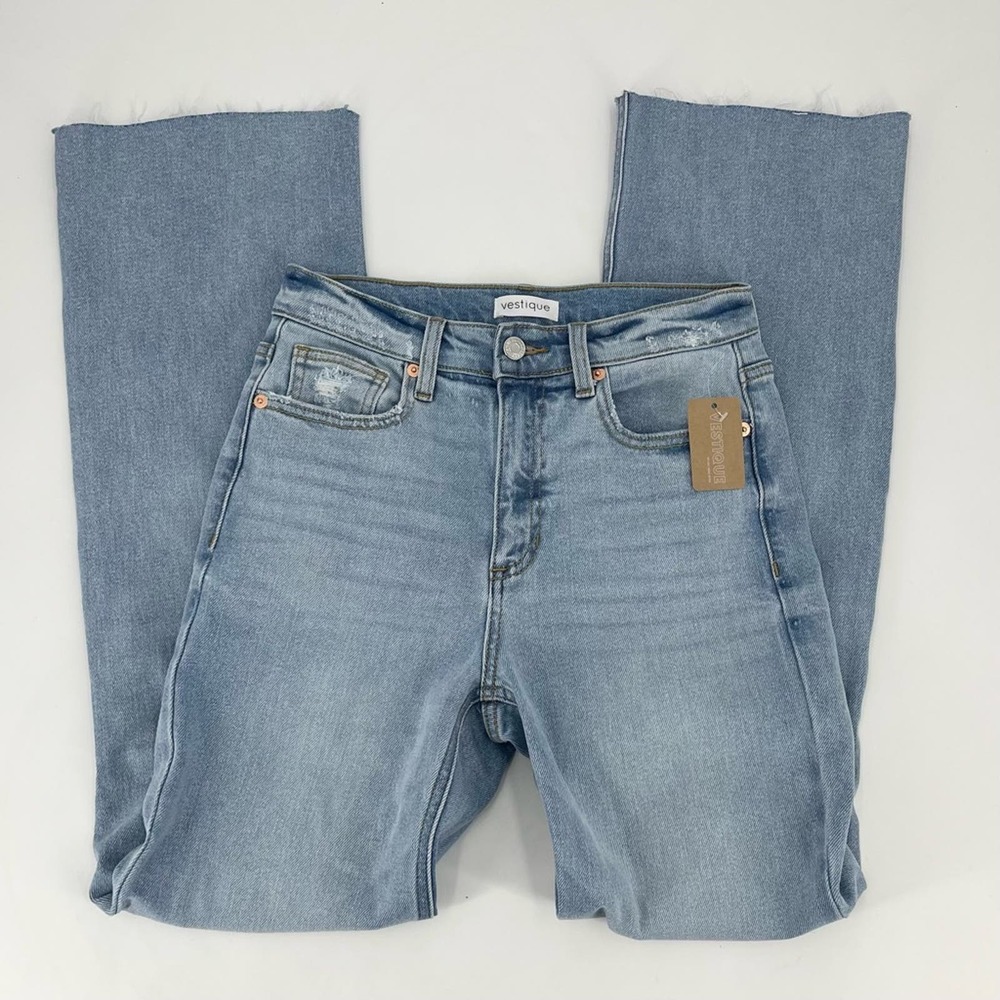 Vestique Womens Tate Flare Jeans Blue Distressed Whiskered Light Wash 25 New